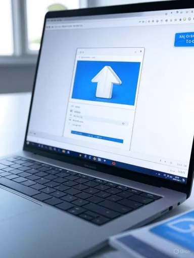Laptop screen shows an upload dialog with a large blue upward arrow.