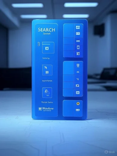 Blue, futuristic device panel labeled SEARCH with icons and diagrams.