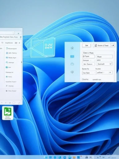 Windows 11 desktop with floating windows over a blue abstract wallpaper.