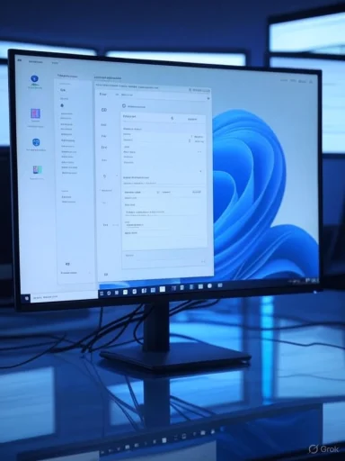 A computer monitor on a desk shows Windows with multiple windows in a blue-lit setting.