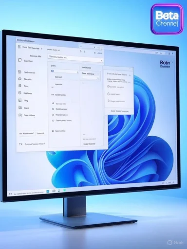A sleek computer monitor displays Windows with multiple overlaid apps.