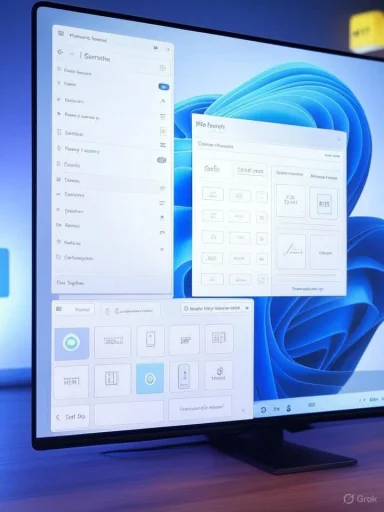A monitor displays three overlapping software windows against a blue, abstract wallpaper.