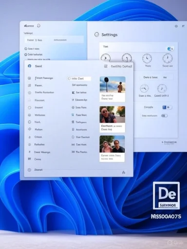 Overlapping Windows-style UI panels on a blue abstract wallpaper.