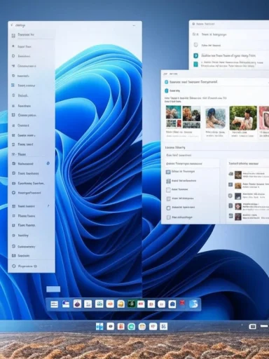 Windows 11 desktop with several overlapping windows on a blue abstract wallpaper.