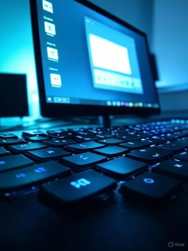 Close-up of a blue-lit laptop keyboard with a blurred monitor in the background.