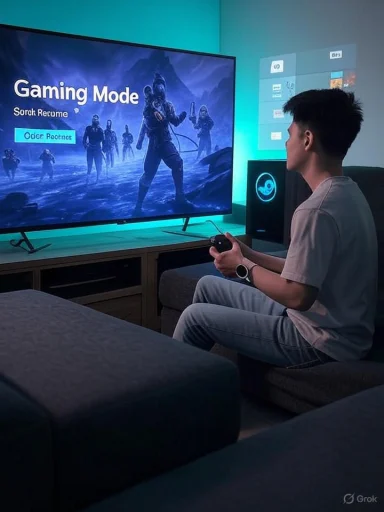 A young man sits on a couch, gaming on a large TV with a controller.
