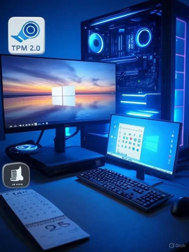 A blue-lit PC setup with a large monitor, a glowing tower, and a secondary Windows display.