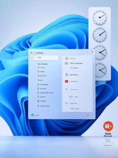 A Windows-style desktop window floats over an abstract blue background with a tall vertical clock strip.