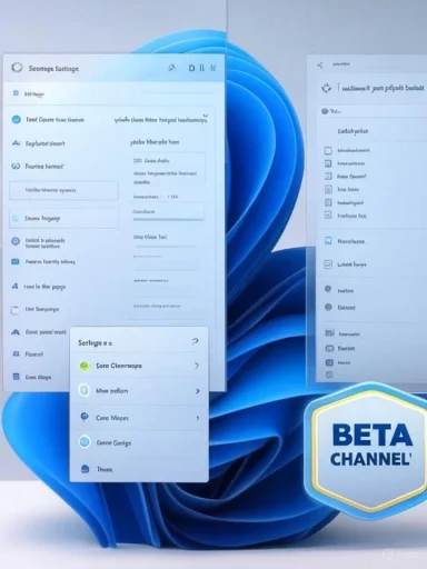 Windows-style settings panels float over a blue abstract wallpaper, with a Beta Channel badge.
