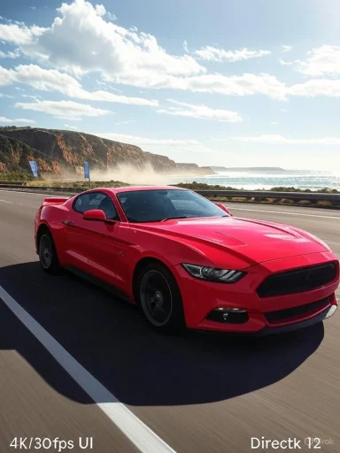 Red sports car speeding along a coastal highway with cliffs and the ocean in view.