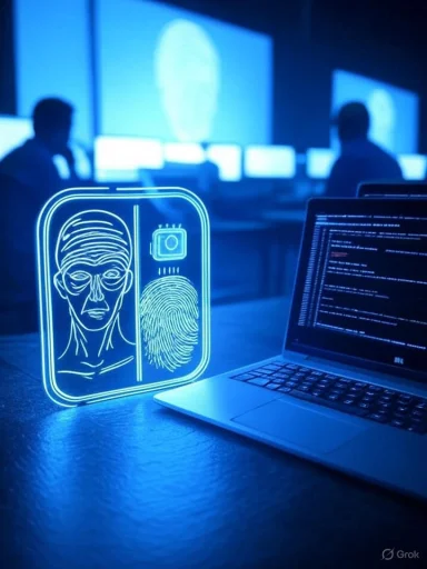 Blue neon sign shows a face, fingerprint, and camera icon beside a laptop.