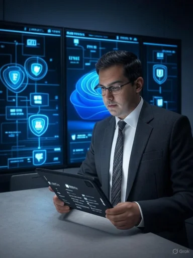 A suited professional analyzes data on a tablet in a high-tech security control room.