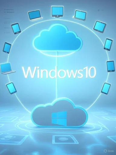 Neon blue Windows 10 cloud with devices circling around.