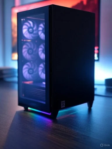 Black PC tower with a glass side panel revealing three RGB-lit cooling fans.