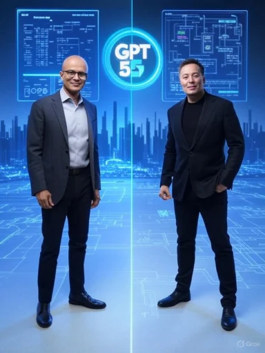 Two men in suits stand before a neon blue GPT-5 display.