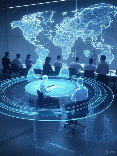A futuristic meeting room featuring a holographic world map and glowing circular data interface.