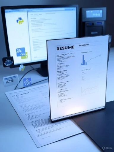 A resume document stands upright on a desk with a computer monitor in the background.