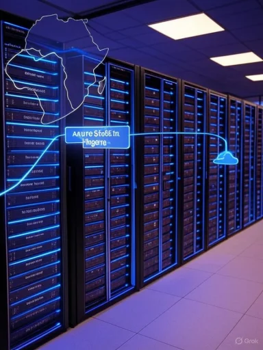 Blue-lit data center with Africa map outline and Azure Storage in Nigeria.