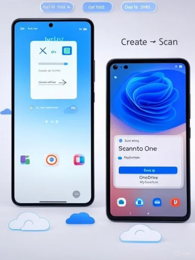 Two smartphones display a “Create → Scan” prompt with blue UI and cloud icons.
