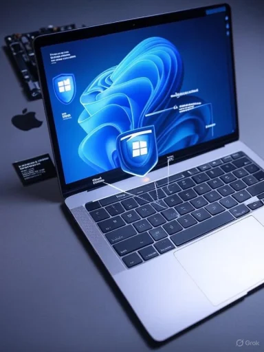 MacBook shows Windows security shields against a blue abstract wallpaper.