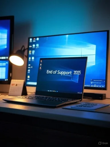 Laptop on a desk displays “End of Support 2025” with a Windows desktop in the background.