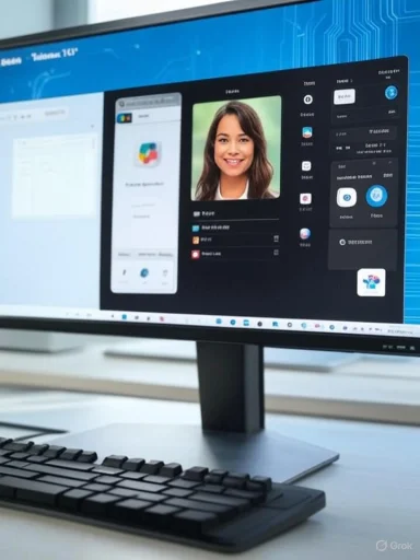 A computer monitor on a white desk displays a dark UI with a portrait of a woman and a keyboard in front.