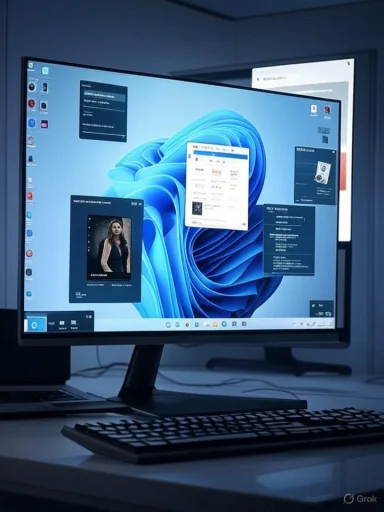 A desktop monitor shows several floating windows over a blue abstract wallpaper.