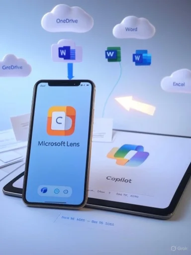 Smartphone shows Microsoft Lens beside a tablet displaying Caplot, with OneDrive and Word icons in the background.