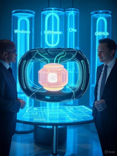 Two suited men discuss a glowing neon tech centerpiece in a futuristic showroom.