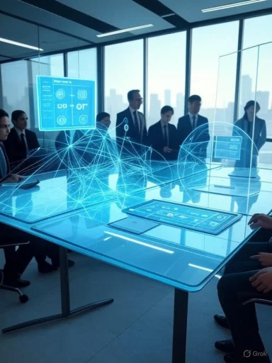 Corporate team reviews holographic data networks projected on a glass conference table.