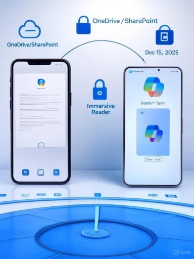 Two smartphones showcase OneDrive/SharePoint with Immersive Reader integration.