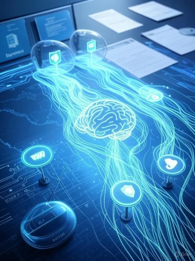 Futuristic holographic brain connected by glowing neural lines to digital icons on a blue lab desk.