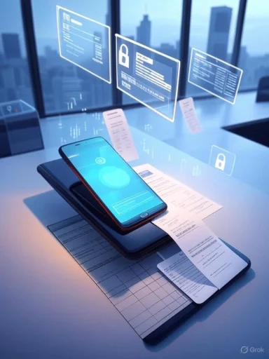 A smartphone rests on receipts on a glass desk beneath floating holographic security screens.