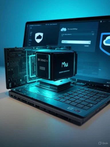 A glowing blue cube labeled Mu sits on a laptop keyboard, surrounded by holographic circuits.