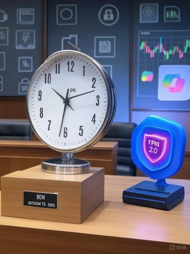 An award desk with a large analog clock and a glowing shield trophy. An award desk with a large analog clock and a glowing shield trophy.