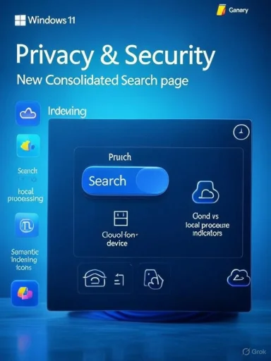 Windows 11 UI concept: Privacy & Security with a new consolidated search page.