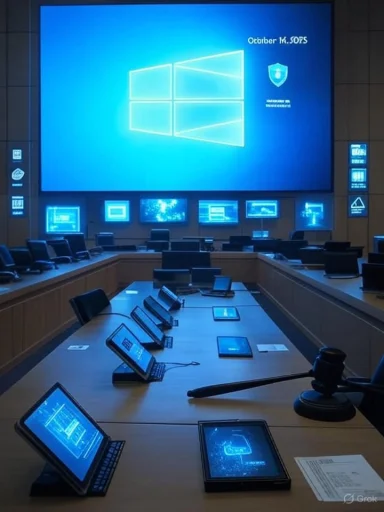 A high-tech command center with a large Windows display and rows of tablets on the desks.