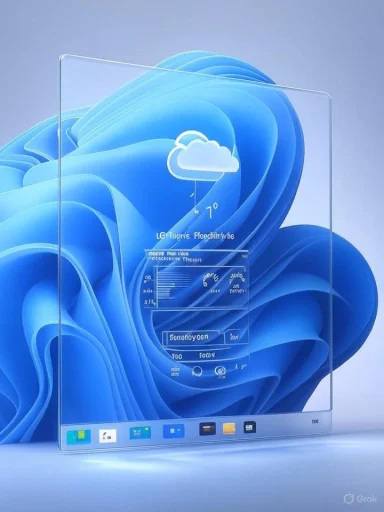 A transparent curved display showing weather widgets against a blue abstract wallpaper.