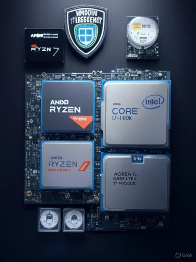 A display board featuring AMD Ryzen CPUs alongside an Intel Core i7 processor. A display board featuring AMD Ryzen CPUs alongside an Intel Core i7 processor.