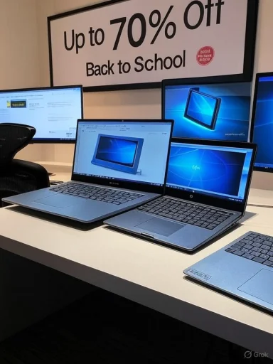 Laptops on display in a store under a 'Up to 70% Off Back to School' sign.