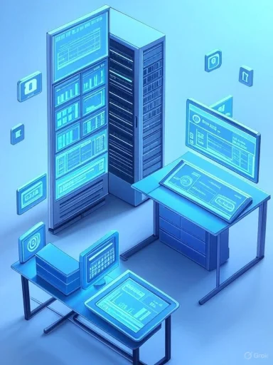 A futuristic data center with tall server racks and holographic dashboards.