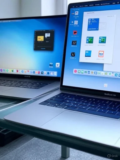 Two MacBook laptops on a glass desk, each displaying blue macOS screens.