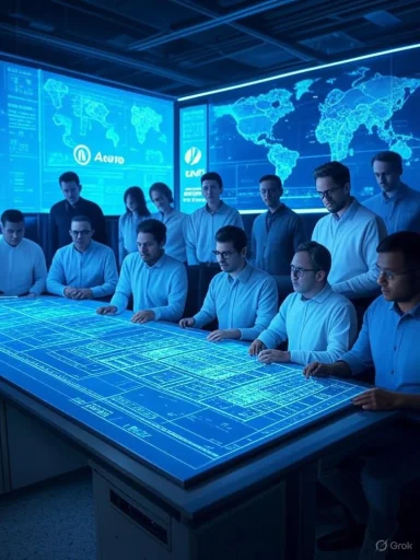A team of engineers studies a glowing blueprint on a digital table in a blue-lit command center.