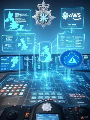 A futuristic police command center with holographic UK maps and glowing blue interfaces.