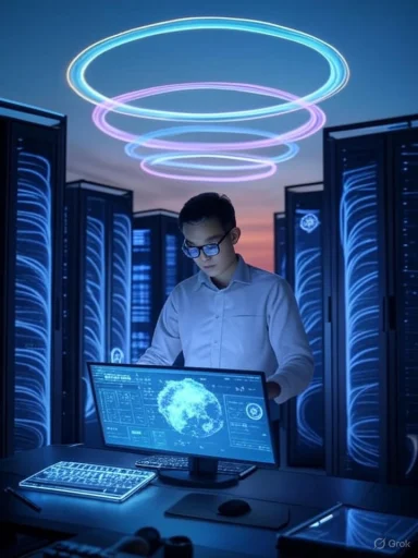 A technician analyzes neon-lit data on a holographic monitor in a futuristic data center.