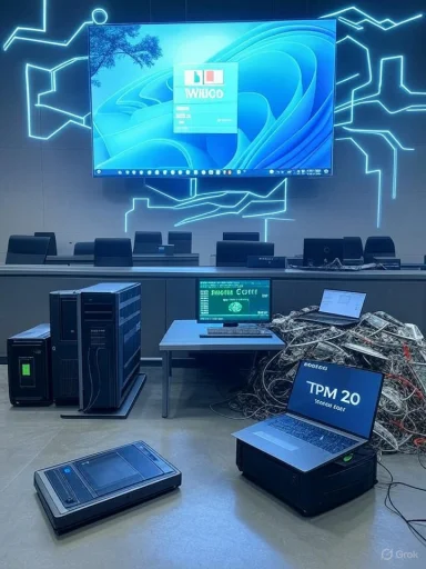Tech lab with vintage servers, tangled cables, and a large wall-mounted display.