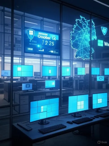 A blue-lit operations center with rows of computer workstations and a glowing map on glass walls.