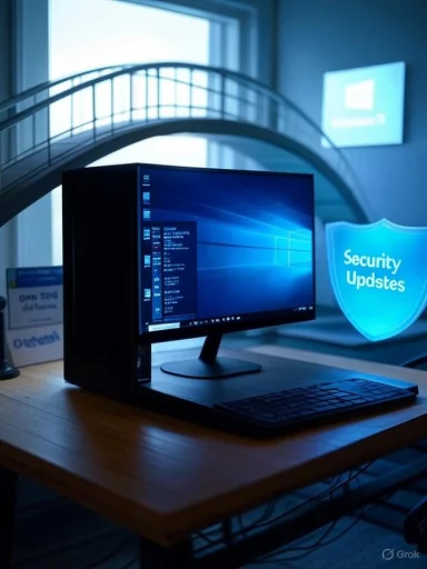 Desktop PC on a wooden desk running Windows, with a glowing blue “Security Updates” shield nearby.