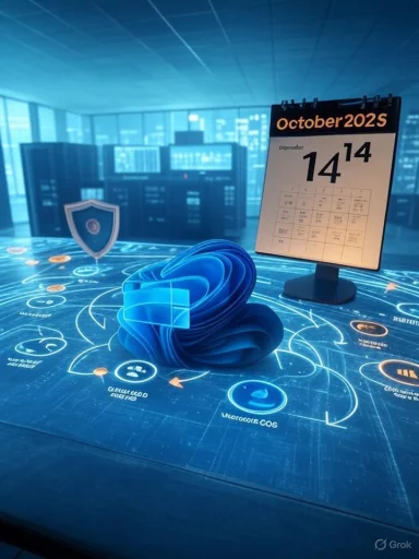 A futuristic blue control desk with holographic workflow diagrams, a shield icon, and an October 2025 calendar.