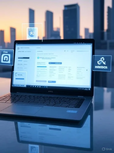 Laptop on a glass desk displays a digital dashboard with holographic icons against a sunset city skyline.